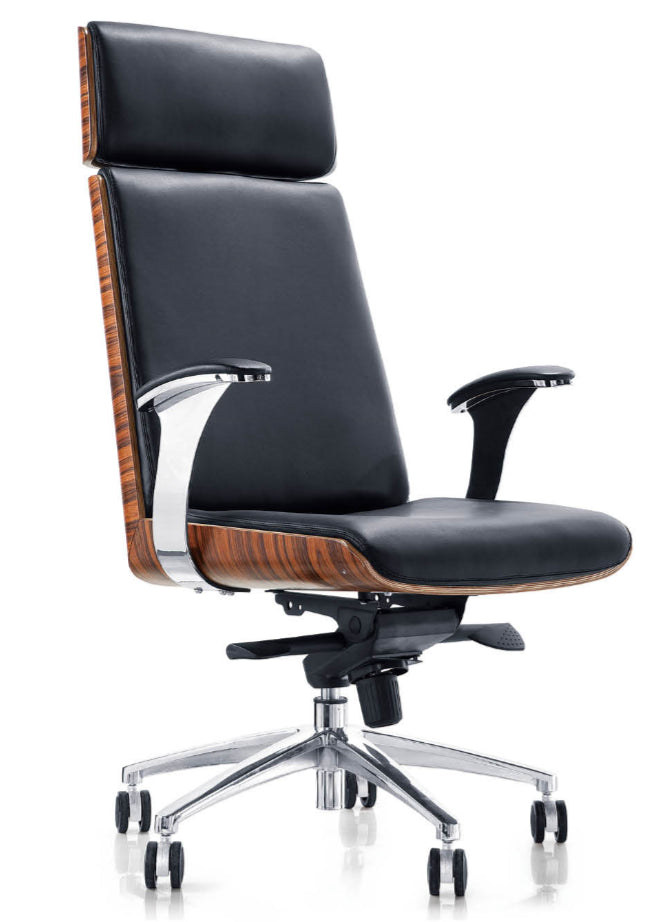 Black Leather Executive Office Chair with Walnut Veneer Shell - YS1205A